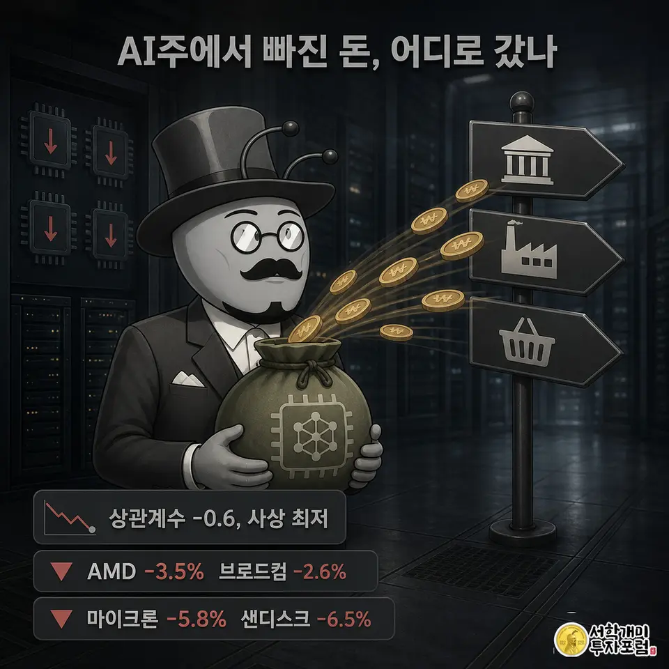 개미 캐릭터가 AI 바스켓 주머니에서 동전이 흘러나와 비AI 종목 이정표 쪽으로 옮겨가는 것을 당혹스러운 표정으로 바라보고, 배경에는 반도체 종목들의 하락 화살표가 늘어서 있다