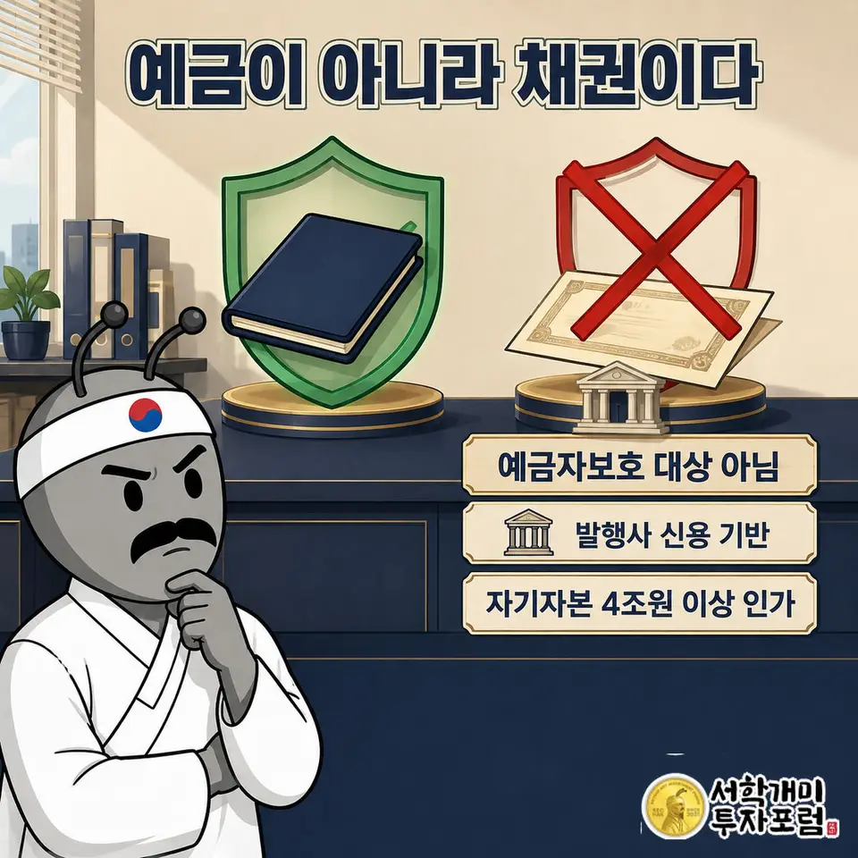 은행 예금의 예금자보호 마크와 키움증권 발행어음의 보호 대상 제외 표시를 나란히 비교하는 이미지