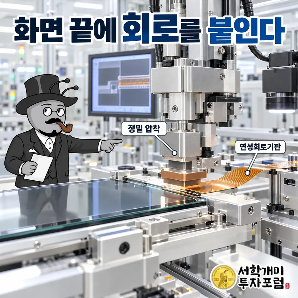 OLED 패널 가장자리에 구동회로와 FPCB를 정렬해 압착하는 본딩 공정 단계와, 이어지는 세정·AOI 검사 장비의 위치를 보여 주는 공정도