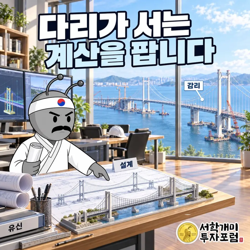 유신이 설계한 국내 장대교량 지도. 광안대교·영종대교·이순신대교·울산대교·화양-적금대교·부산항대교의 위치를 표시해 회사의 교량 설계 이력을 한눈에 보여 주는 카드